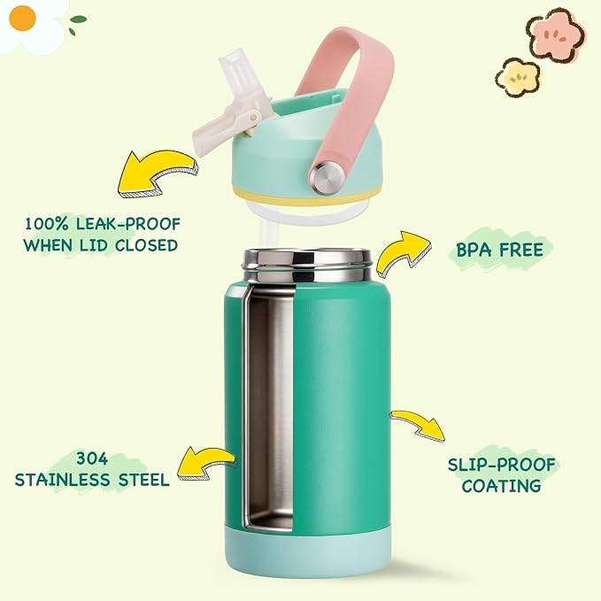 Kerilyn 12oz Water Bottle, Stainless Steel Insulated Water Bottle with Straws Leak-Proof, Water Cup Double Wall Vacuum, BPA Free, Grove