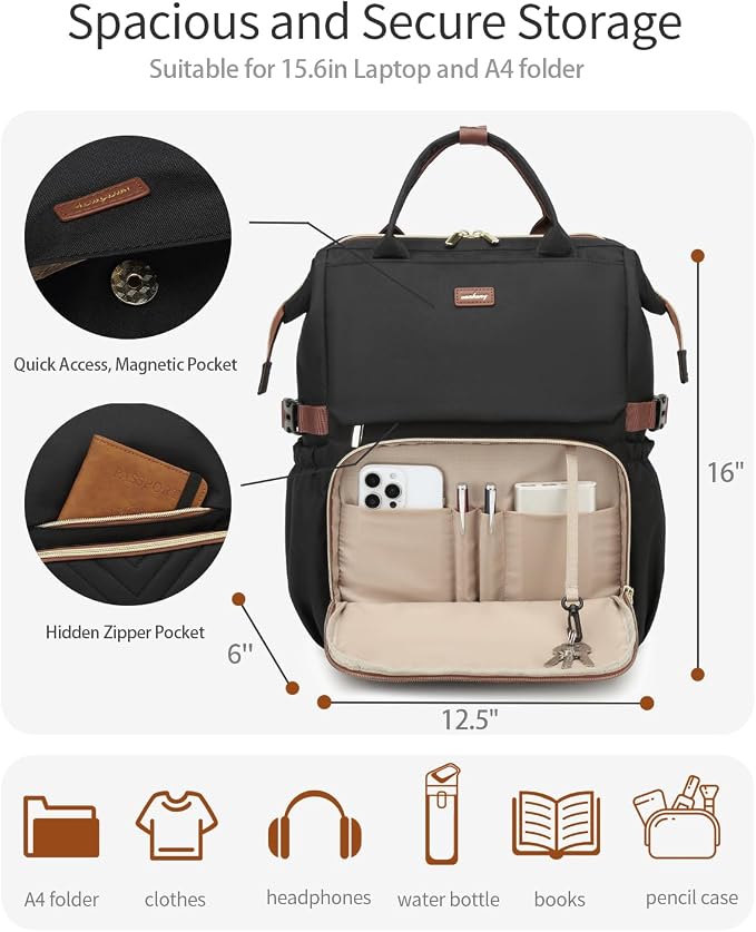 Work Backpack for Women, Teacher Nurse Bookbag Laptop Backpack with Cup Holder & USB Charger for Travel, College School Bags for Teen Girl, Black Brown