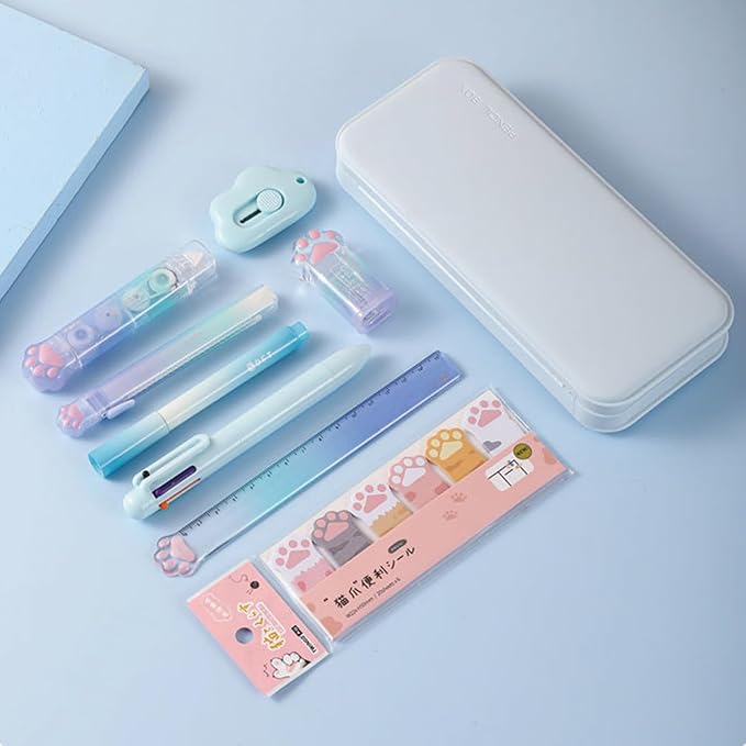 MOZXIRZ 9 Pcs Cute Blue Stationery Set Cat Paw School Supplies Kawaii Office Supplies Including Pens Highlighter Pencil Sharpener Eraser Correction Tape Ruler Sticky Flag Tabs (Gradient Blue)