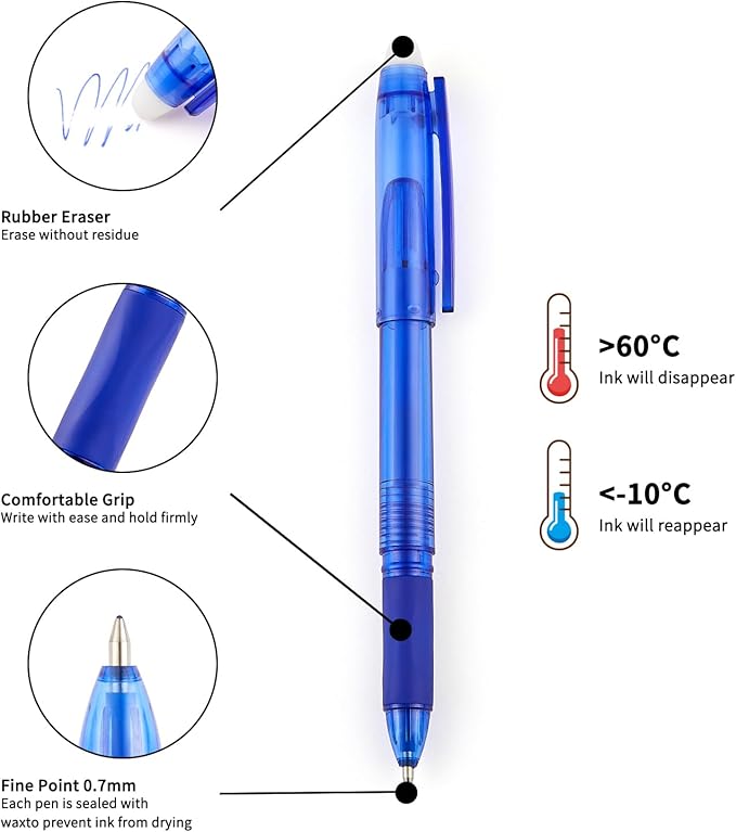 Volcanics 12 Pack Erasable Gel Pens, 0.7mm Capped Friction Pens for Note Taking and Crosswords, 6 Soft Black and 6 Blue Ink Pens with Soft Comfort Grip for Home and Office