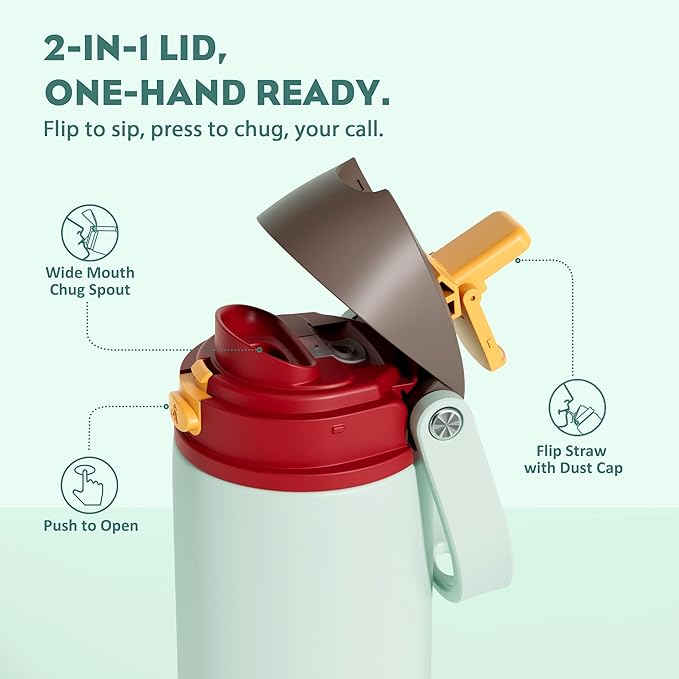 POWCAN 24 oz Travel Water Bottle: 2-in-1 Push-Button Spout & Quick-Flip Straw, Leakproof, Cold 24Hrs, Fits Car Cup Holder, Stainless Steel Sports Cup for School, Travel, Gym, Outdoor Gift (Clay Bay)
