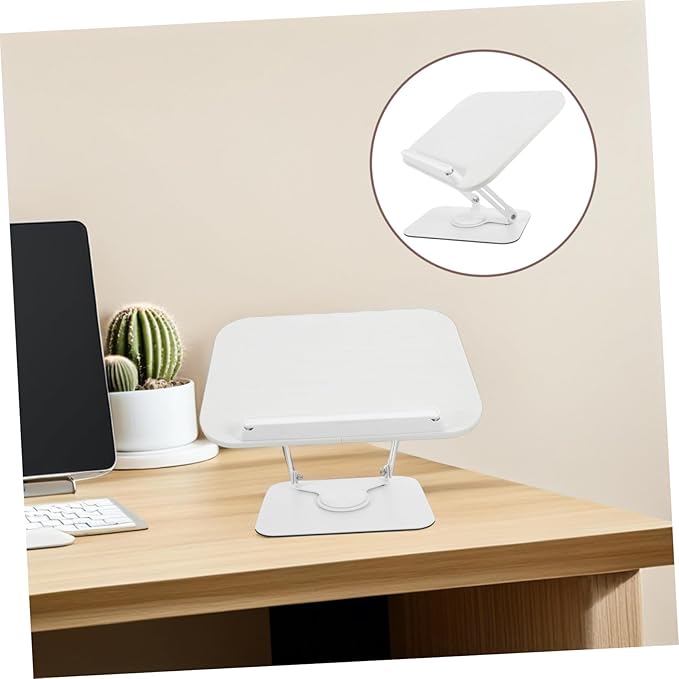 Adjustable Wooden Book Stand with 360° Rotation and Height Lift, Portable Desktop Reading and Recipe Display Holder for Cookbooks, Magazines, and Textbooks, White