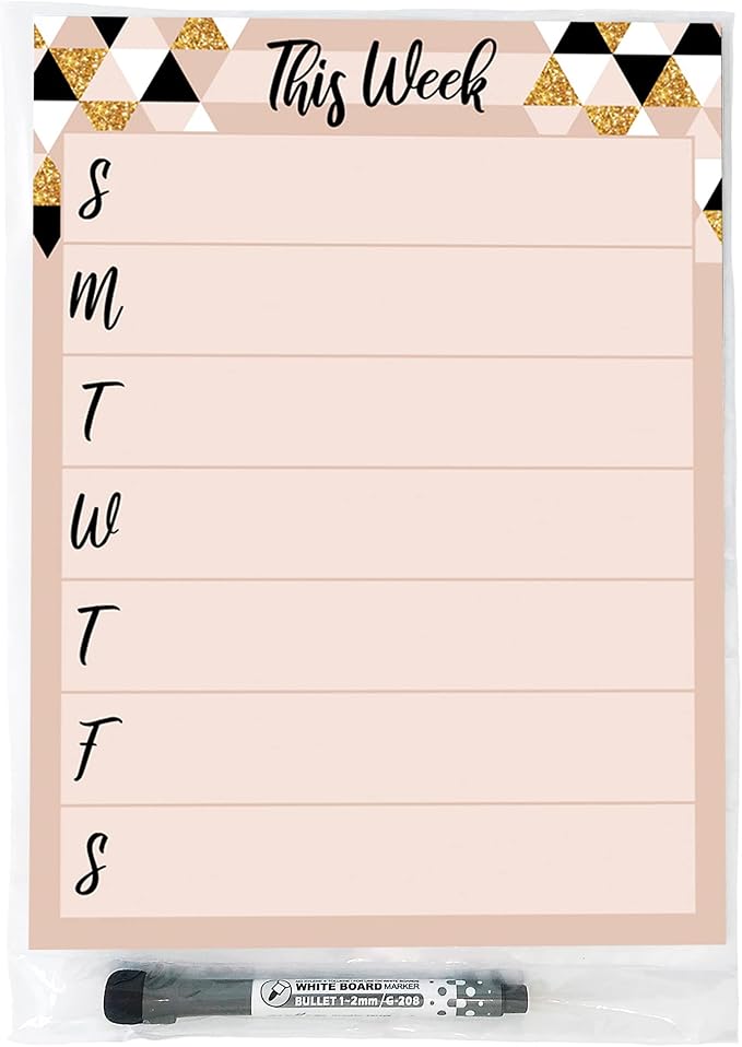 Dry Erase Weekly Calendar Planner Sticker Decal | Removable & Reusable | Magnetic Fine-Tip Marker Included (9 x 12 inches, Rose & Gold)