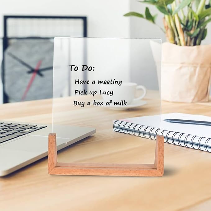 Acrylic Dry Erase White Board with Solid Wood Base, Clear Desktop Whiteboard Memo Board, Desktop Writing Note Pad, Mini Acrylic Board for Tabletop Display(Rustic Base,Acry)