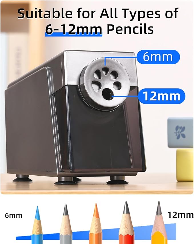 ZMOL Electric Pencil Sharpener for Classroom, Heavy Duty，6 Holes, Stronger Helical Blade, Auto Stop, Plug in, Suitable for 6-12mm No.2/Colored Pencils, Teachers,School & Home Silver US Plug Only