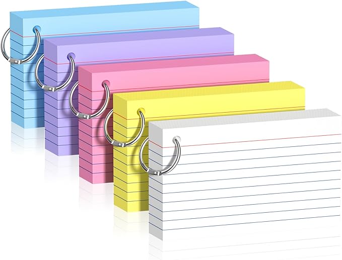 250 Pcs Colored Index Cards with Ring 3 x 5 Inch Heavyweight Ruled Flash Cards, Flashcards with Ring for School & Office Supplies and Home Organization, Durable Study To Do List Lined Note Cards