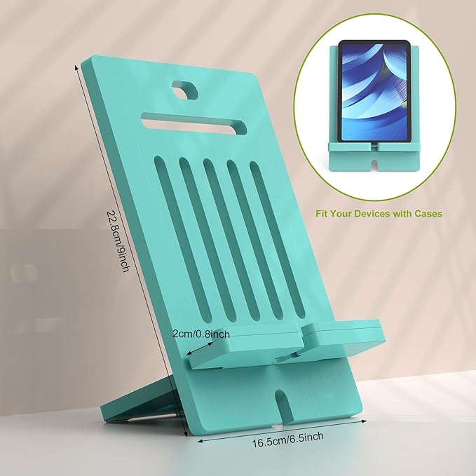 Pezin & Hulin Bamboo Tablet Stand, Adjustable Wood Pad Holder, Desktop Cell Phone Stand Holder Dock Compatible with Tablet, E-Reader, and All Phone (Support to 4.7-13" Devices) - Teal