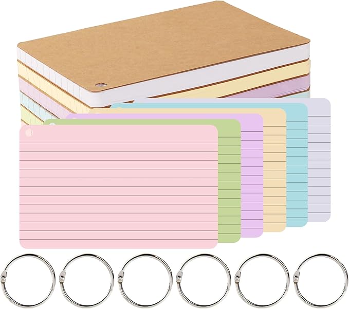 zmybcpack 6 Pack 360 Pcs Lined Index Cards 5 x 8 Inches, Assorted Colored Flash Cards with Ring, Lined Note Cards Study Flashcards for School, Office, College