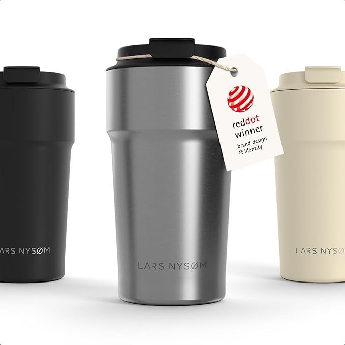 LARS NYSØM Thermo Coffee Mug to go 17oz | Travel Mug 0.5 Liter with Insulation | Silicone grip base | Leak Proof Stainless Steel Tumbler for Coffee and Tea on the Go (Powder Steel, 17oz)