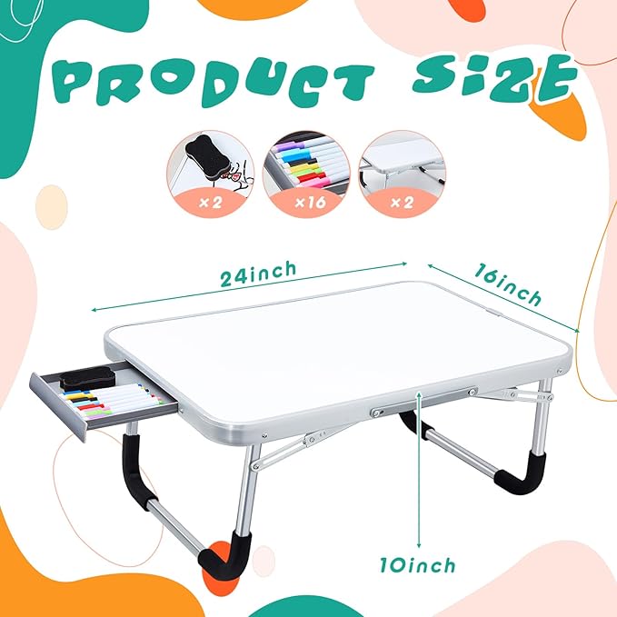Suzile 2 Pcs Portable Lap Desk with Dry Erase Board, 24" x 16" Foldable Study Tray with Drawer, Markers & Eraser, Whiteboard for Art, Homework, First Day & Back to School Supplies