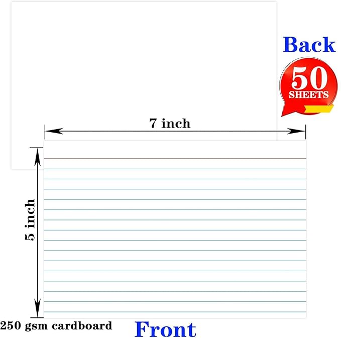 Pinovk 5x7 Ruled Index Cards 50 Pcs - Heavyweight White Note Cards for Office Organization - Large Lined Flashcards for Recipe Cards, Public Speaking & Task Tracking - 250gsm Thick Paper Note Cards