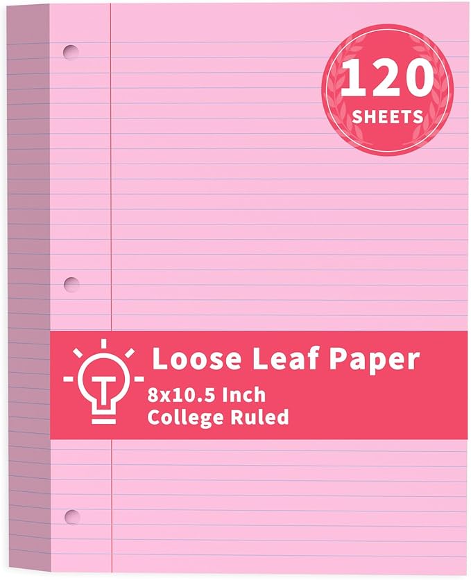 Pink Loose Leaf Paper 120 Sheets Pink Paper 8" x 10.5" College Ruled Notebook Paper Filler Paper 3-Hole Punched Lined Paper for 3-Ring Binders 8 x 10-1/2 Binder Paper for Home School Office Supplies