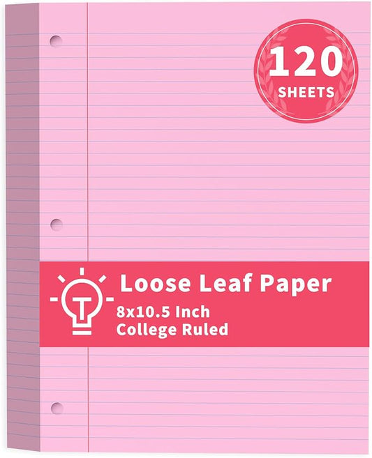 Pink Loose Leaf Paper 120 Sheets Pink Paper 8" x 10.5" College Ruled Notebook Paper Filler Paper 3-Hole Punched Lined Paper for 3-Ring Binders 8 x 10-1/2 Binder Paper for Home School Office Supplies