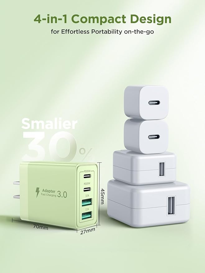 USB C Charger Block, 40W 4-Port Fast Charger 20W Type C Charging Block 3.1A USB Wall Charger Dual Port PD+QC Charging Cube for iPhone 17 16 15 14 13 12 Pro Max XS, iPad, Samsung Phone (Green)