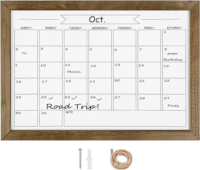 Dry Erase Monthly Calendar Whiteboard, Magnetic White Board for Wall, Office/School/Home, Solid Pine Wood Rustic Brwon Frame Hanging Board for Kitchen Grocery List, 10.6"x 14.6"(YL-RB-2737-B)