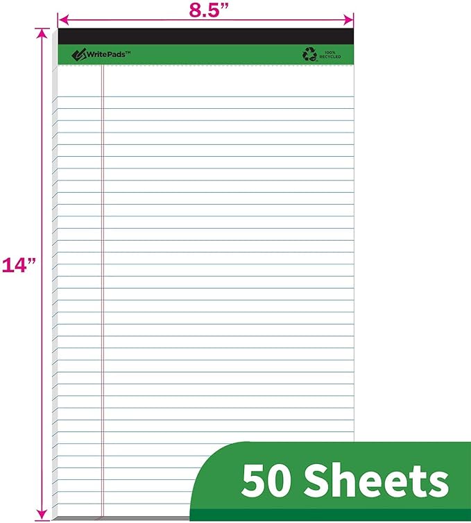KAISA White Legal Pads Writing Pads 600 Sheets Recycled Paper, 8.5"x14" Wide Ruled Lined Paper Perforated 50 sheets Hard Back Notepads Large Legal Pad Writing Tablet For Office Supplies (White 12pads)