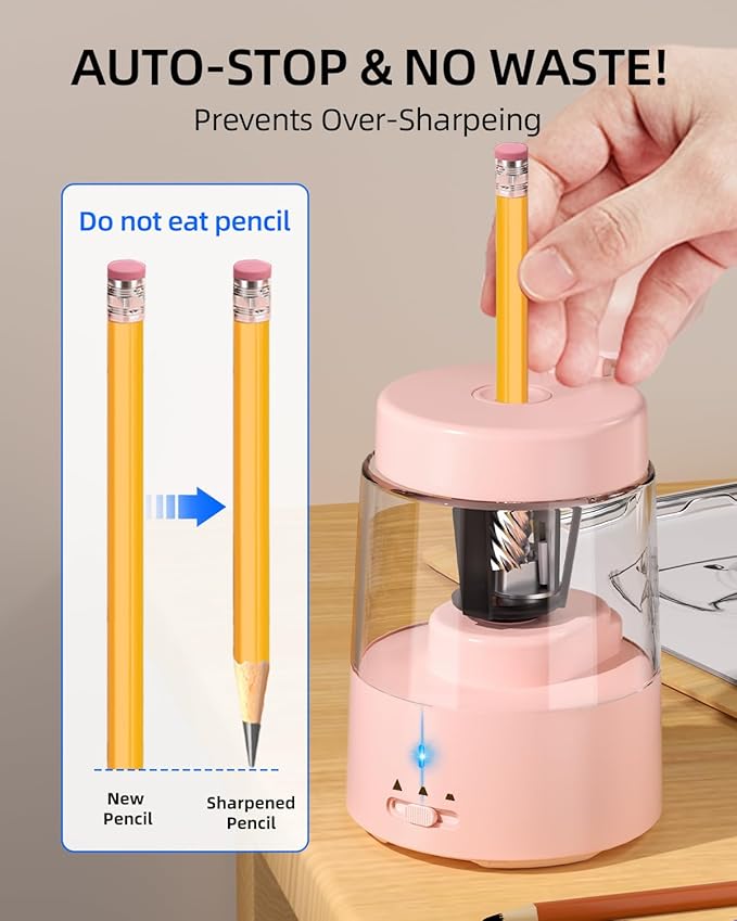 ZMOL Colored Pencil Sharpener for Kids Gift, Rechargeable Electric Pencil Sharpener, Auto Stop, Pencil Sharpeners for Battery Powered Cute No.2/Colored Pencils (6-8mm), Classroom/Office/Home (Pink)