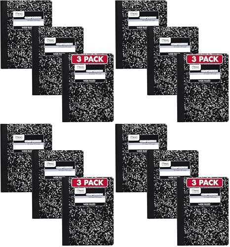 Mead Composition Notebook, 12 Pack, Wide Ruled Paper, 7-1/2" x 9-3/4", 100 Sheets per Comp Book, Black Marble (38301)
