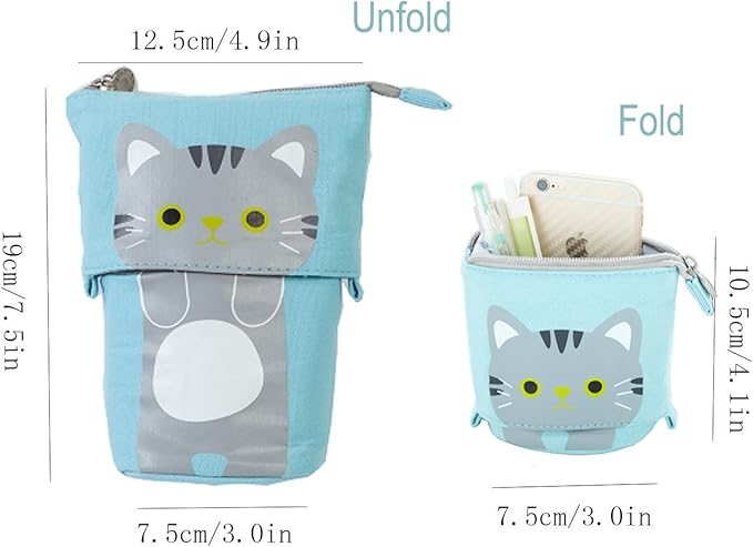 Telescopic Pencil Pouch Standing Pen Holder Cute Bags Stand Up Case Cartoon Storage Box Canvas+PU Stationery Organizer Makeup Bag With Zipper Closure (Blue)
