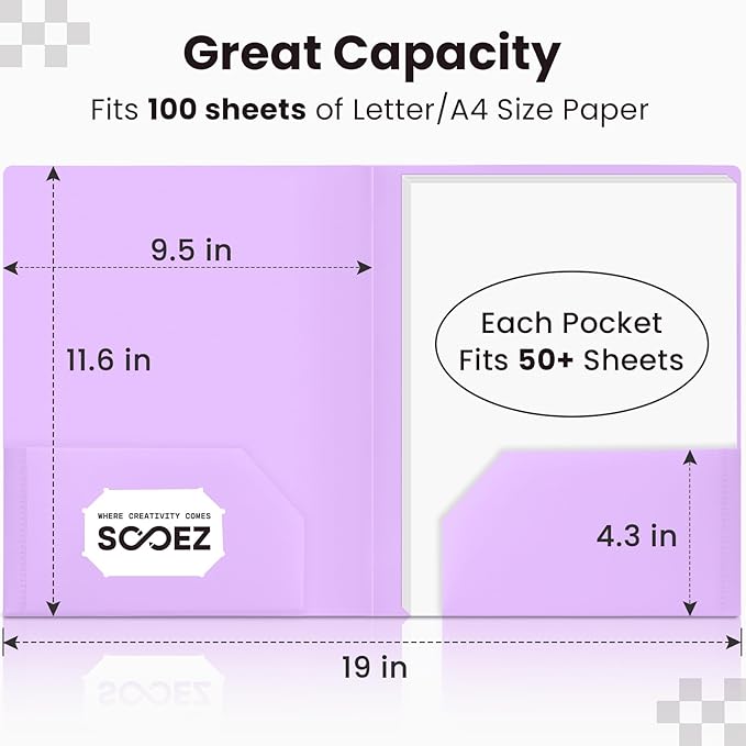 Sooez 6Pack Folders with Pockets, Pocket Folders with Extra Labels, Plastic Folders with Pockets, 2 Pocket Folders Bulk, Heavy Duty File Folders, School Folders Business Folder Office Filing Supplies