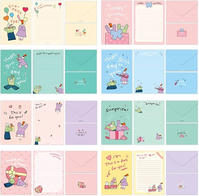 Monolike Olly Molly Birthday Letter Paper and Envelopes Set - 8Type, 32 Letter Paper + 16 Envelopes