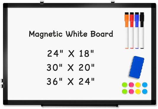 Double-Sided Magnetic Whiteboard, 24" x 18" Dry Erase Board Black Aluminum Frame for Wall, White Board Dry Erase Marker Board for Kitchen, Memo, School, Home, Office