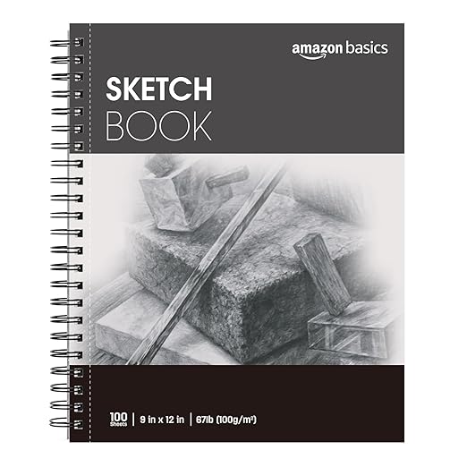 Amazon Basics Sketch Book for Artists, Spiral Bound with Perforated Pages, 67 lb. / 100 gsm, 100 Sheets, 9"x12", White