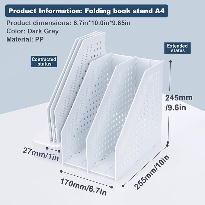 FRETONBA Collapsible Magazine File Holder with 2 Vertical Compartments Foldable Binder Holder for Desk Binder Storage Organizer Plastic Magazine Holders for Shelf, Light Gray