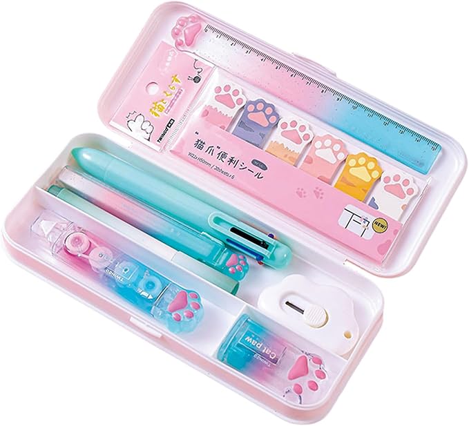 MOZXIRZ 9 Pcs Cute Green Stationery Set Cat Paw School Supplies Kawaii Office Supplies Including Pens Highlighter Pencil Sharpener Eraser Correction Tape Ruler Sticky Flag Tabs (Gradient Green)