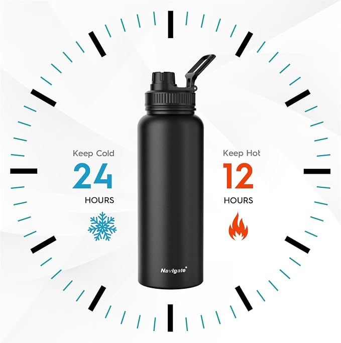Navigate 40oz Insulated Water Bottle for Sports, Keep Cold 24H | 2-in-1 Spout and Handle Lids, Double Leak-Proof, 18/8 Stainless Steel, BPA-Free, Wide Mouth for Gym and Hiking,Black