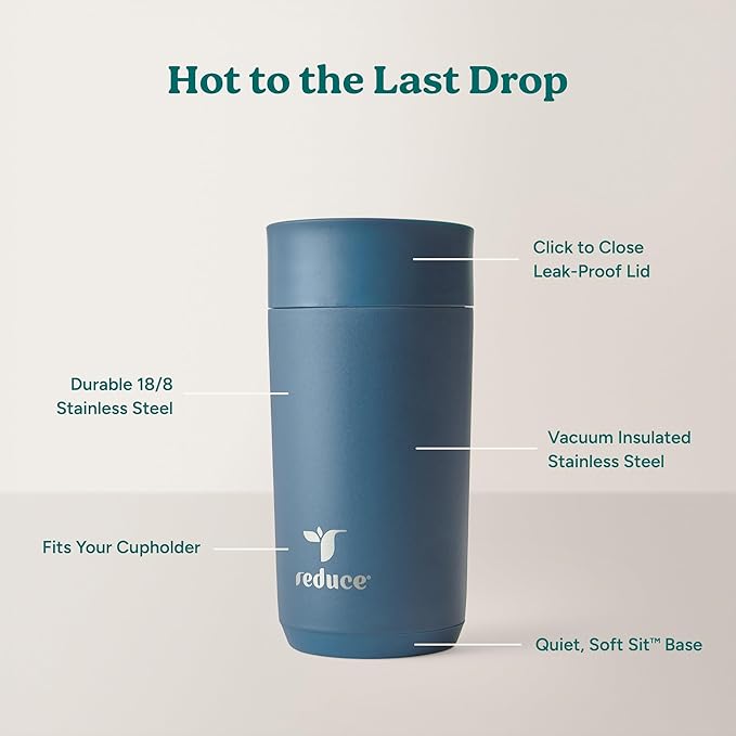 REDUCE Perk 10oz Insulated Coffee Tumbler – Leak-Proof with Lockable Lid and Vacuum Insulation–Durable Stainless Steel–Fits Car Cup Holders – One-Handed Travel Mug in Sand Leopard Print - Mineral Blue
