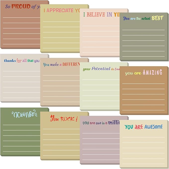 Yinder 12 Pcs Inspirational Sticky Notes Cute Motivational Sticky Notes Pad End of Year Employee Appreciation Gifts Bulk for Teacher Nurse Coworkers Office Supplies 3 x 3'' (Appreciation,Boho Color)