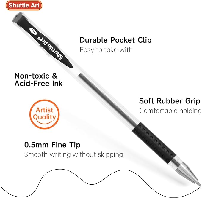 Shuttle Art Black Gel Pens, 50 Pack Fine Point Black Ink Pens Bulk, 0.5mm Rollerball Gel Ink Pens Smooth Writing with Comfortable Grip for Office, School and Home