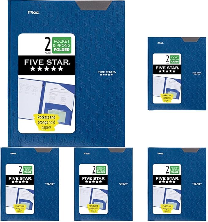 Five Star 2-Pocket Folder, Plastic Folder with Stay-Put Tabs and Prong Fasteners, Holds 8-1/2" x 11" Paper, Pacific Blue (72115) (Pack of 5)
