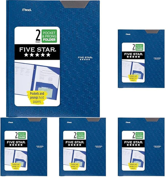 Five Star 2-Pocket Folder, Plastic Folder with Stay-Put Tabs and Prong Fasteners, Holds 8-1/2" x 11" Paper, Pacific Blue (72115) (Pack of 5)