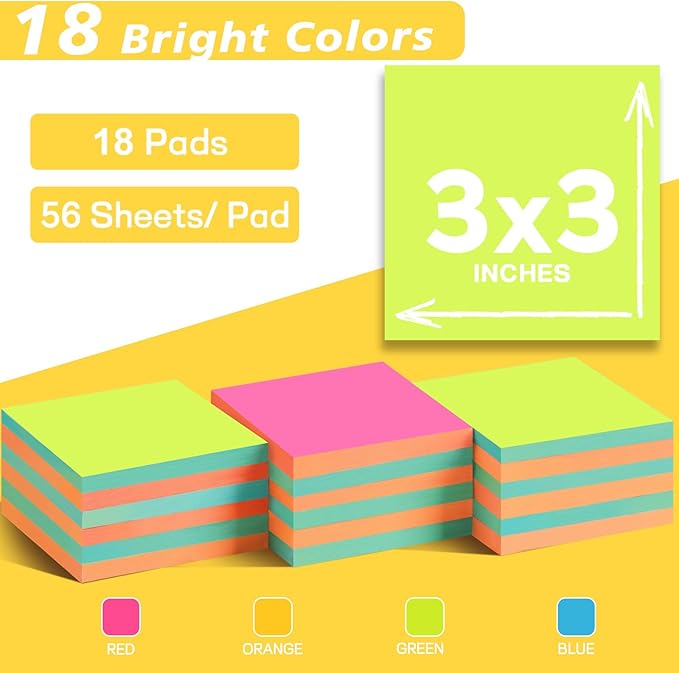 (18 Pads) Pop Up Sticky Notes 3x3 Refills, Alternating Color, Strong Adhesive Memo Pad Bulk, Suitable for Home, Office, School, Clean Removal