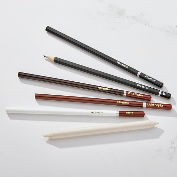 KINGART 7-Piece Mixed Media Drawing & Sketching Set with Metal Storage Tin – Includes Graphite, Charcoal, and Pastel Pencils, Blending Stump, and Case