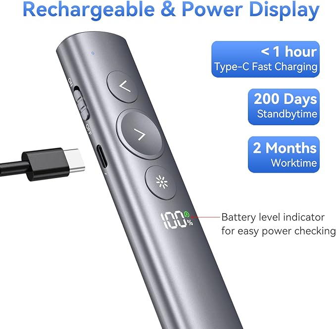 Rechargeable Presentation Clicker with Green Laser Pointer for PowerPoint, Power Display Wireless Presenter Remote with USB-A & USB-C Dongle, Slide Advancer for Mac, Windows, Laptop, Classroom, Office