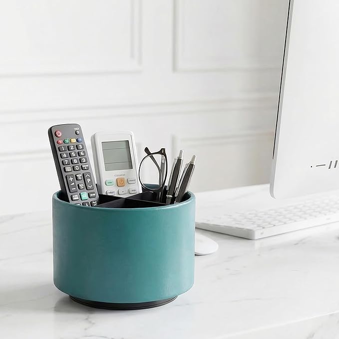 Round Leather Art Supply Organizer,Remote Control Holder,360 Degree Spinning,Multi-Functional Pencil Holder,4 Compartments Desktop Stationary Organizer(1-Sheep Green)