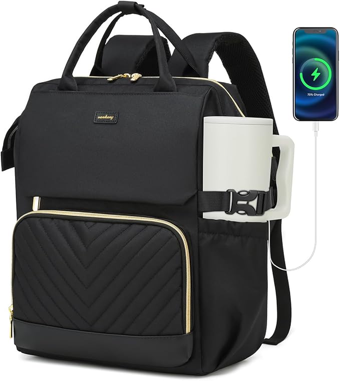 Laptop Backpack for Women, College Bookbag School Backpack for High School Teen Girls, Work Bags with Cup Holder & USB Charger for Teacher Nurse Travel, Black