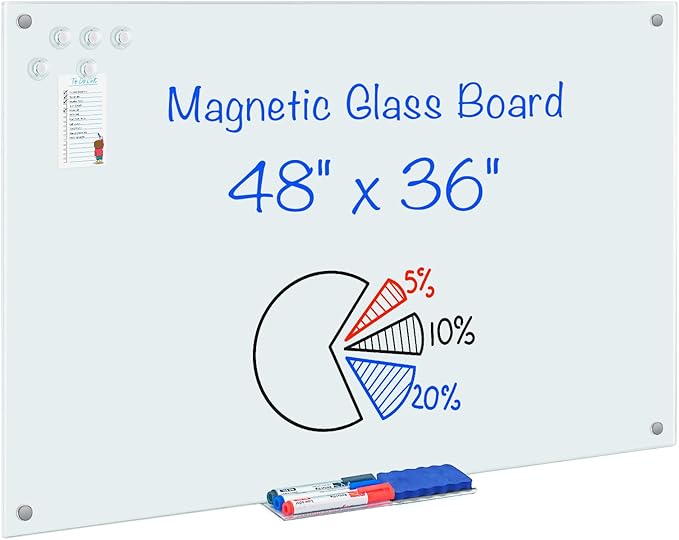 maxtek Magnetic Glass Dry Erase White Board, 48" x 36" Frameless Glass Board for Wall Mounted, Includes 5 Magnets, 3 Markers and 1 Eraser for Classroom Home, Office Supplies (White)