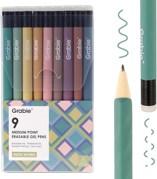Grabie Erasable Gel Pens, Medium Point 0.7 mm Erasable Pens, Make Mistakes Disappear for Drawing Writing Planner, Pack of 9 Assorted Colors(Rustic Reverie)