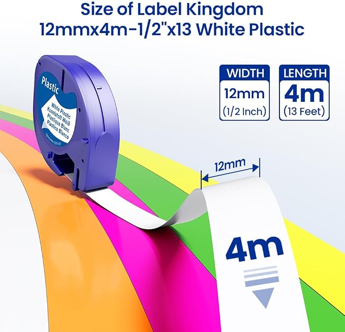 Replacment for Dymo Letratag Colored Plastic Label Maker Tape 12mm x 4m | Durable Tape Compatible with Dymo Letratag 100H Label Maker Refills for 200B LT-100T Plus, Strong Adhesion for Home, Office