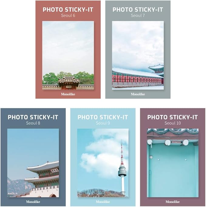 Monolike Photo Sticky-It 5p B Set - Seoul, Self-Adhesive Memo Pads for Diary Decor & Daily Planning, 50 Sheets Each