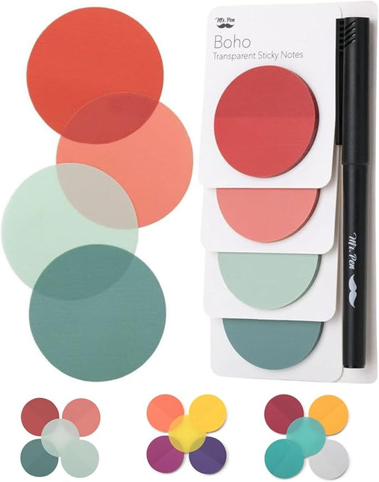 Mr. Pen- Round Transparent Sticky Notes, 1.8”, 4 Pads with Black Fineliner, 200 Sheets, Smooth Writing, Water-Resistant, Clean Removal, Easy-Peel Sticky Notes for Bible Journaling & Planning