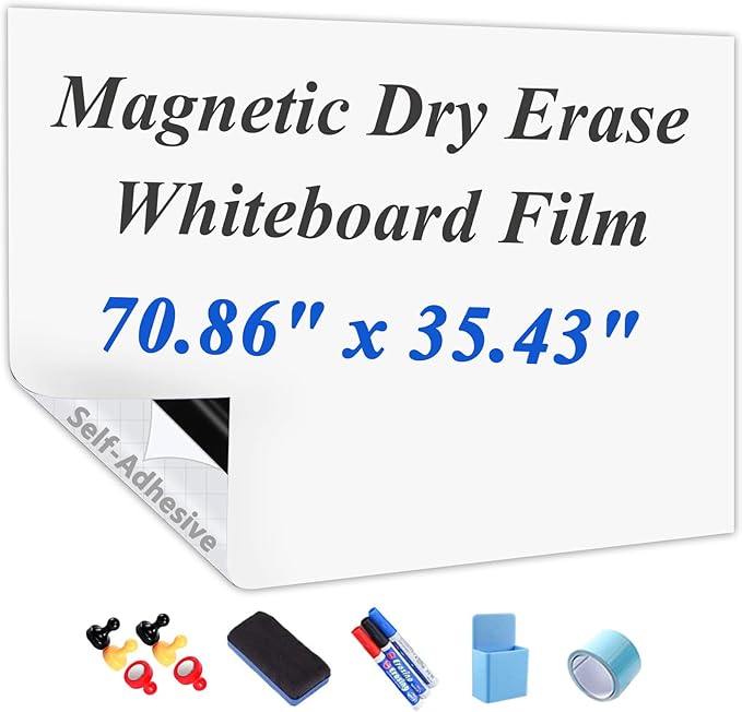 Self-Adhesive Dry Erase Whiteboard Sticker, 70.86" x 35.43" Magnetic Receptive White Board Wall Film, No Ghosting, Easy Write & Clean | Peel & Stick for Office, Home & Classroom,Incl. Accessories