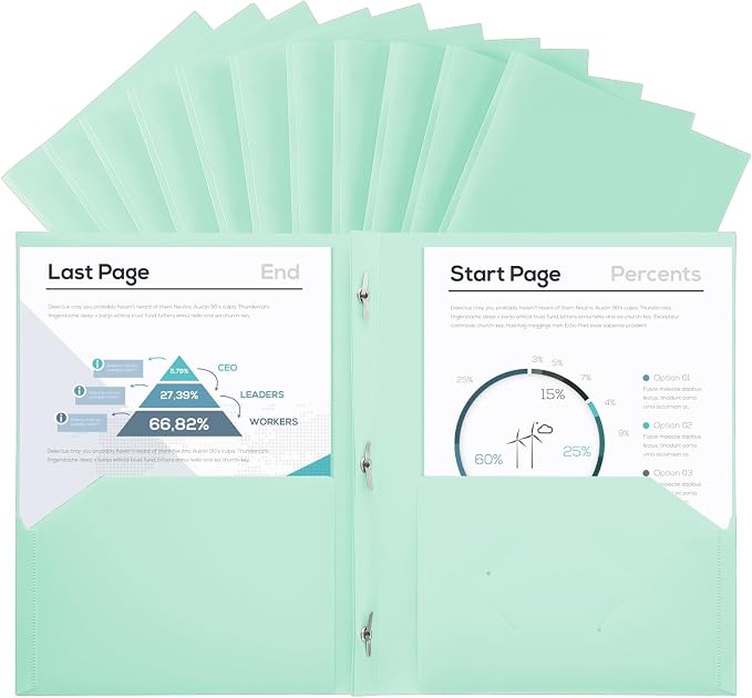 SUIN Plastic Project-Folder with 2 Pockets and 3-Prong Fasteners, for US Letter Size, Bulk Pack Color File-Folder for US Letter Size Papers, Ideal for School & Office, (Pastel Mint)