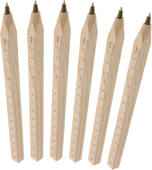 TIDTALEO 6pcs Black Ballpoint Wooden Pens with Ruler Printing, Biodegradable Woodwork Ballpoint Pens for Carpenter Marking and Daily Writing