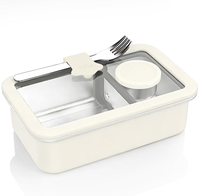 Bakpoco Stainless Steel Bento Box for Adult, 42oz Leak-Proof Metal Lunch Box Containers with Adjustable Divider, Microwave-Safe, Lunchbox with Glass Lid for Work Travel