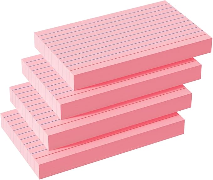 YIZUUN Pink Index Cards 3x5, 200 Pack, Ruled Index Cards, Flash Cards for Studying, Heavy Note Cards for Office, Home and School, 4 Packs of 50